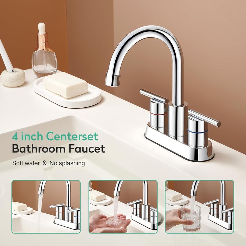 faustina Polished Chrome Bathroom Faucet, 4 Inch Centerset Bathroom Faucet for Sink 2 Holes 3 Holes，Two Handles 304 Stainless Steel Faucet with Pup up Drain and 2 Water Supply Lines for RV Vanity - Image 2